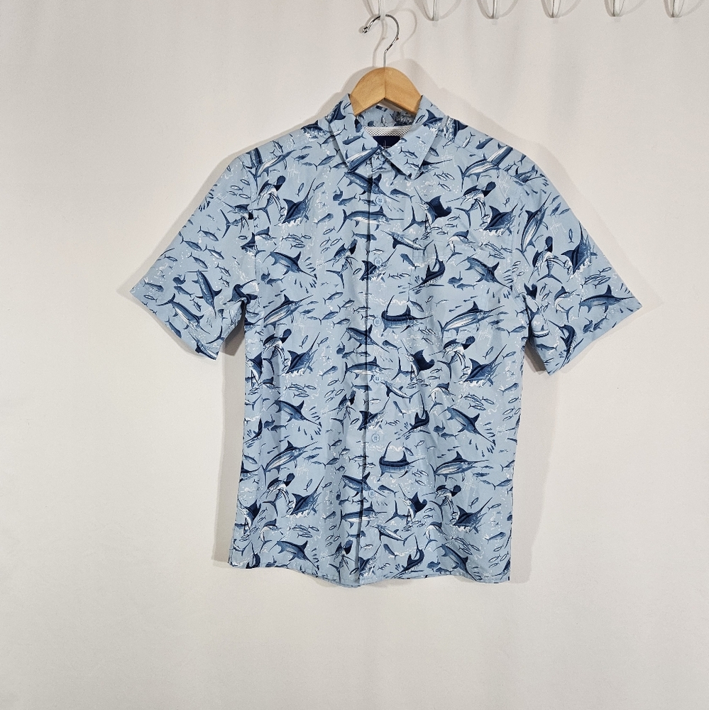 Guy Harvey Tonal Bill's blue short sleeve button up fish shirt men's size small